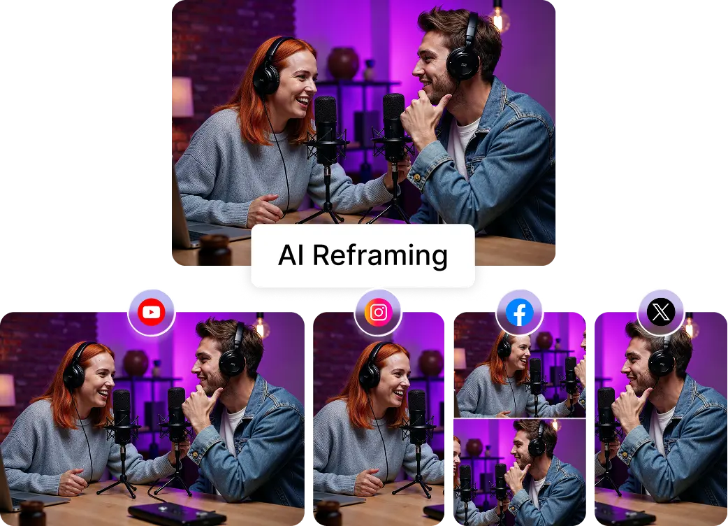 AI reframing podcast clips for YouTube, Instagram, Facebook, and TikTok