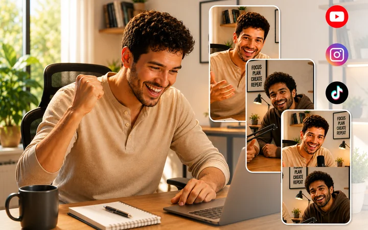 Creator celebrating clips generated automatically and published across platforms